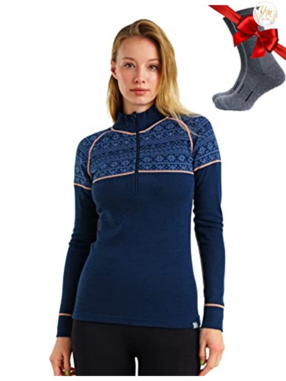 Merino Wool Quarter Zip Sweater Women Thermal Base Layer W/ Socks
